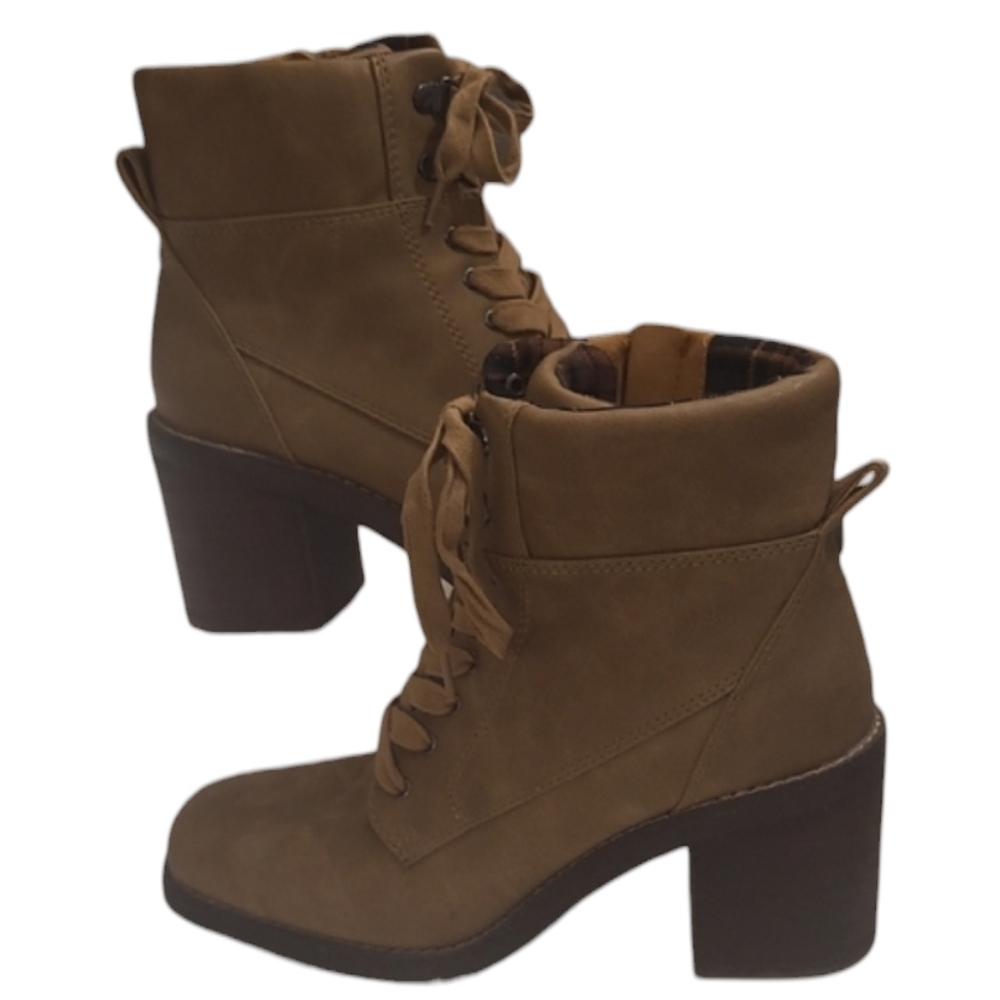 Crown Vintage Lace-Up Combat Boot Side Zip Square Block Heel High Heeled Ankle
